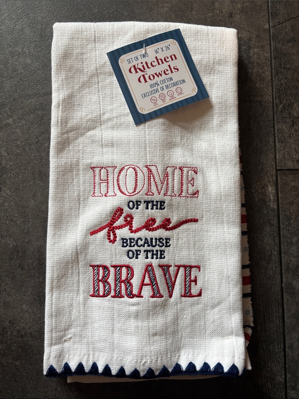 Kitchen Towels Set - "Home of the Free Because of the Brave" - White and Red